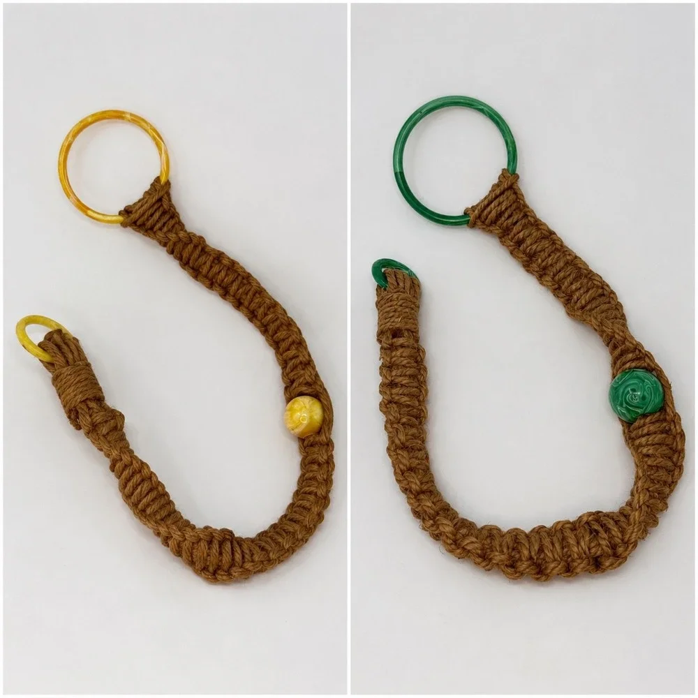 Vintage Macrame Woven Jute Set Green & Yellow Resin Bead Double O-Ring Ends Boho